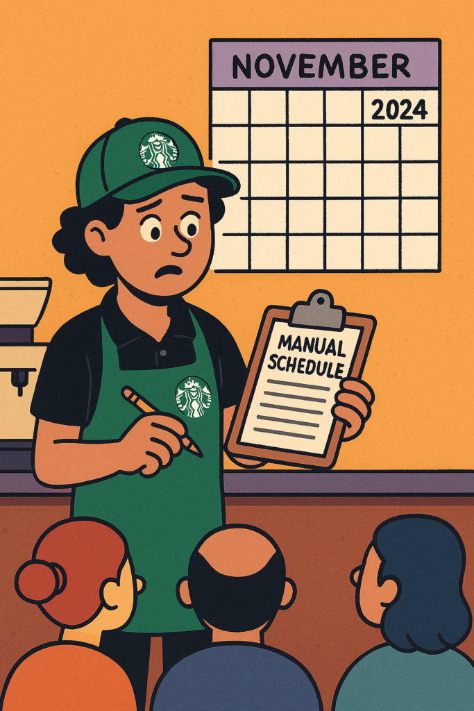 Cartoon image of a Starbucks employee manually tracking schedules after Blue Yonder breach