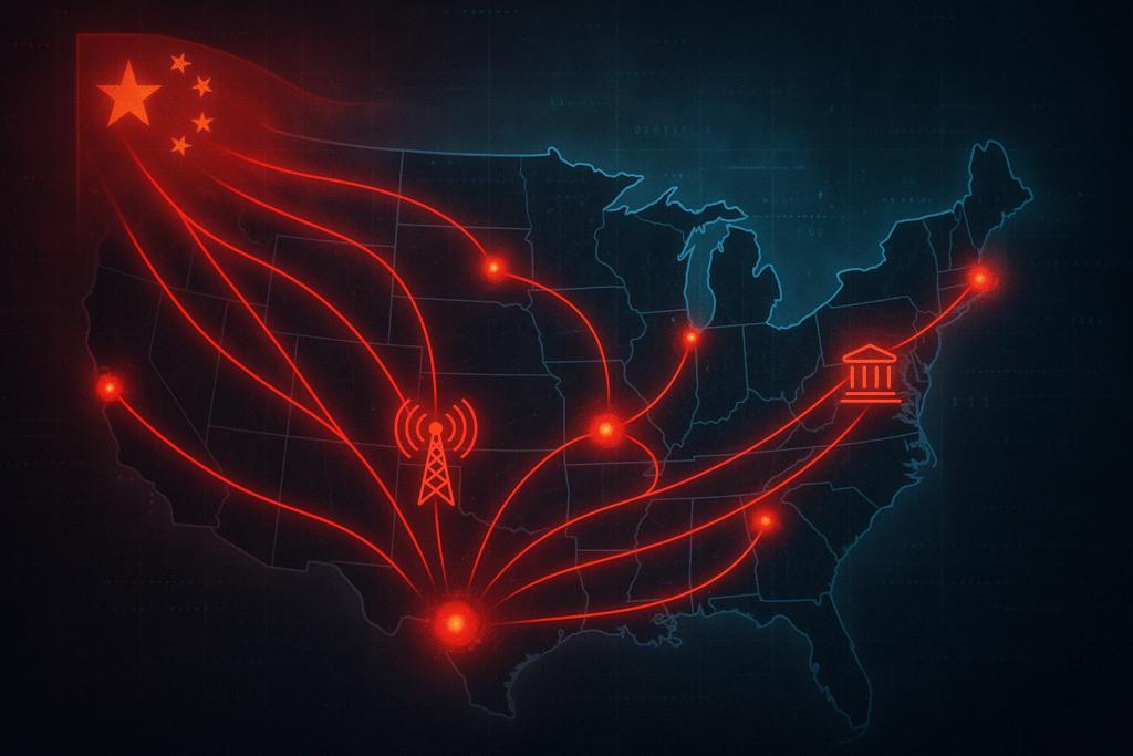 Map showing China cyber espionage targeting U.S. infrastructure amid trade war cybersecurity escalation
