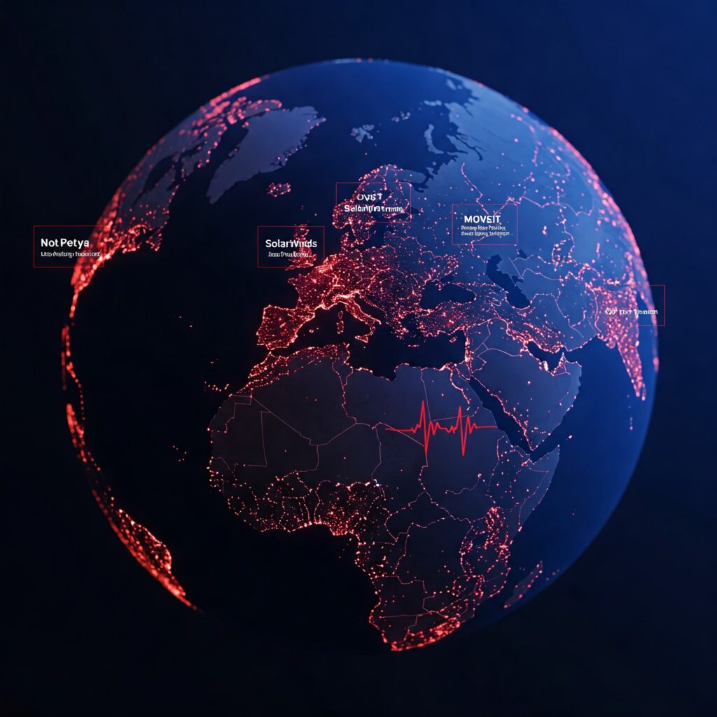 Global map visualization of major supply chain cybersecurity breaches