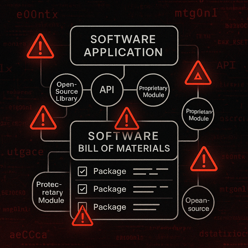 Technical diagram showing SBOM detection of malware in a software supply chain