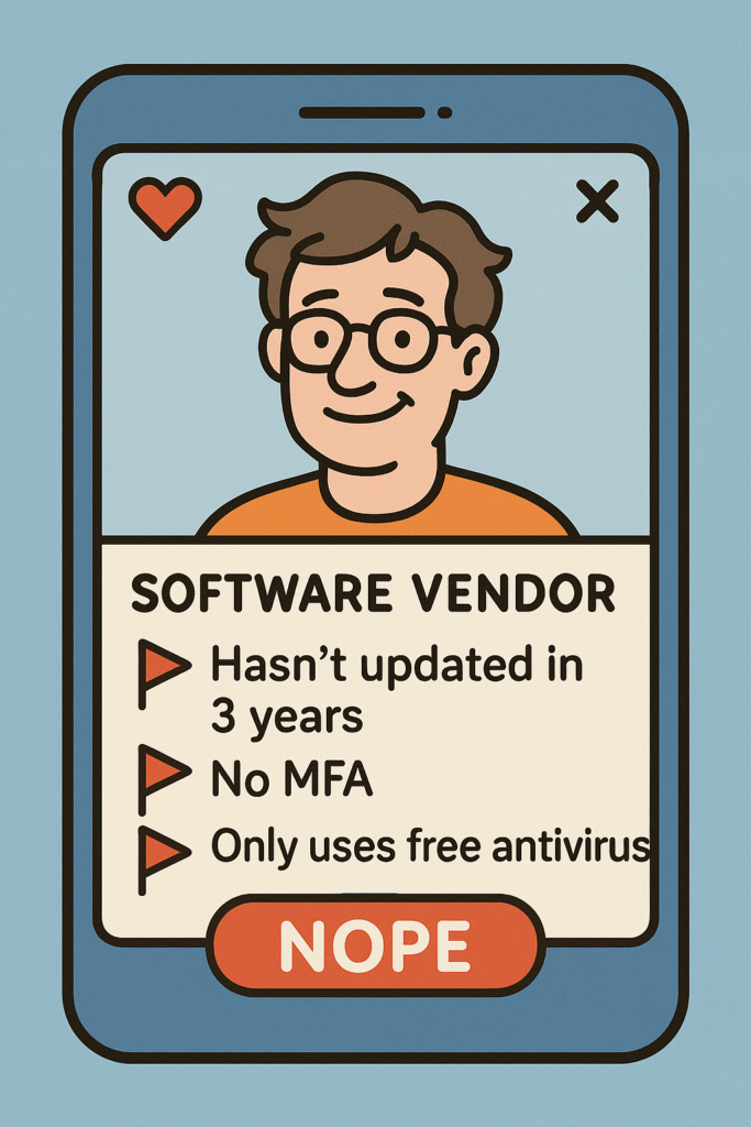 Humorous dating profile highlighting poor vendor cybersecurity practices