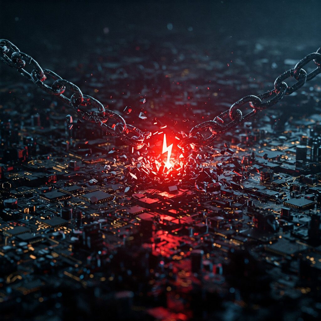 Visual metaphor of a broken digital supply chain link causing system-wide collapse