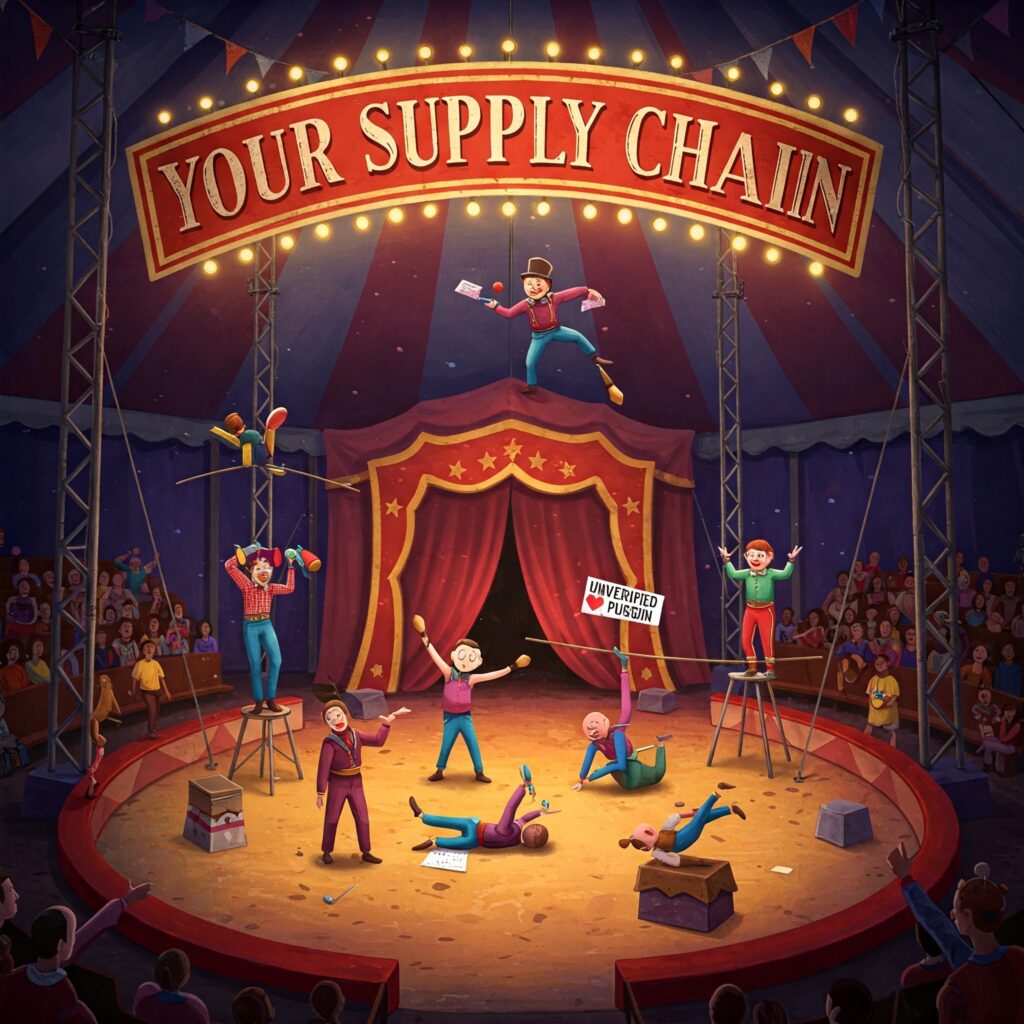 Cartoon circus representing chaotic and risky third-party vendor relationships in a supply chain
