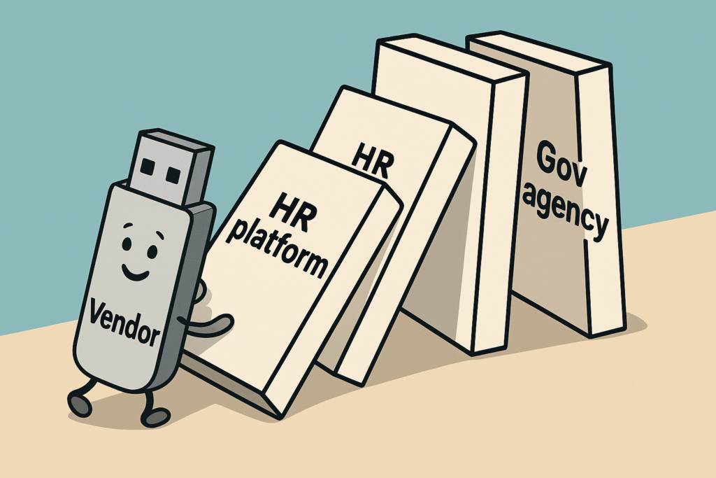 Cartoon-style domino effect showing how a single vendor breach disrupts multiple systems