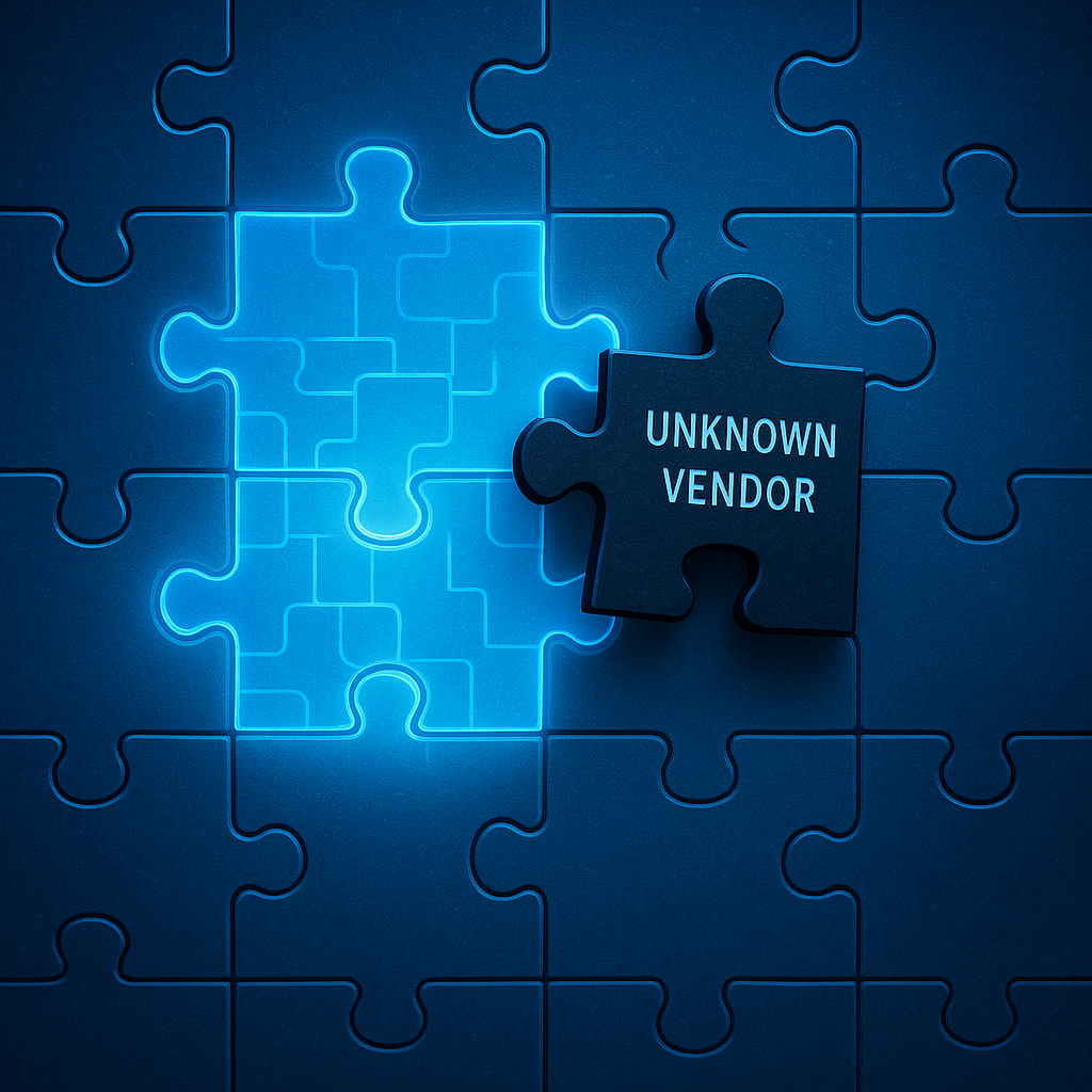 Insecure vendor puzzle piece disrupting secure digital supply chain
