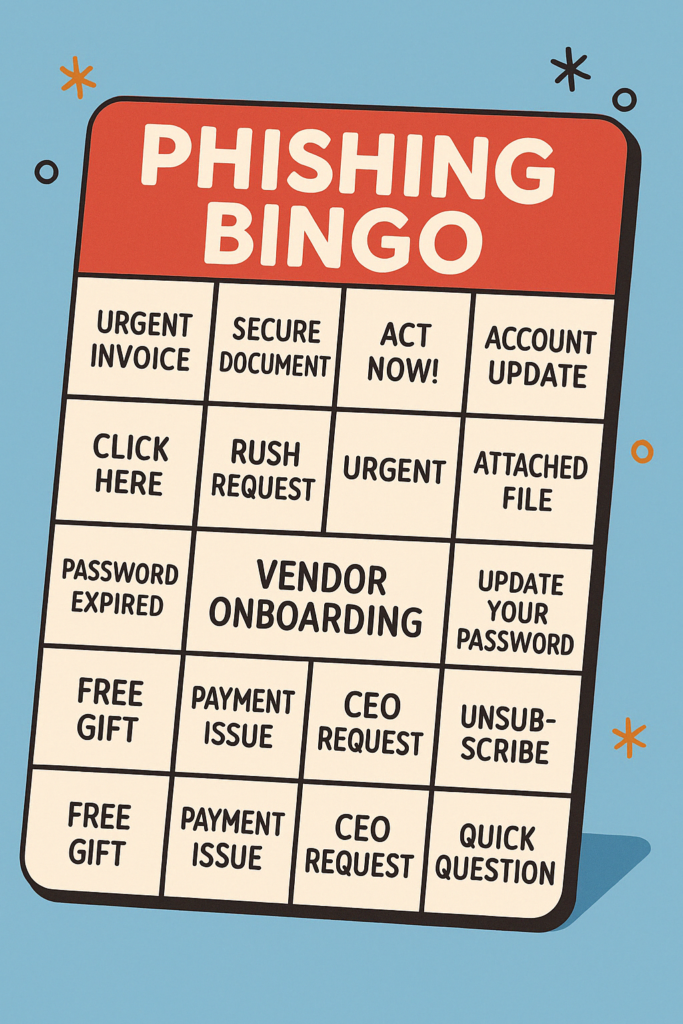 Bingo card illustrating common social engineering tricks targeting vendors