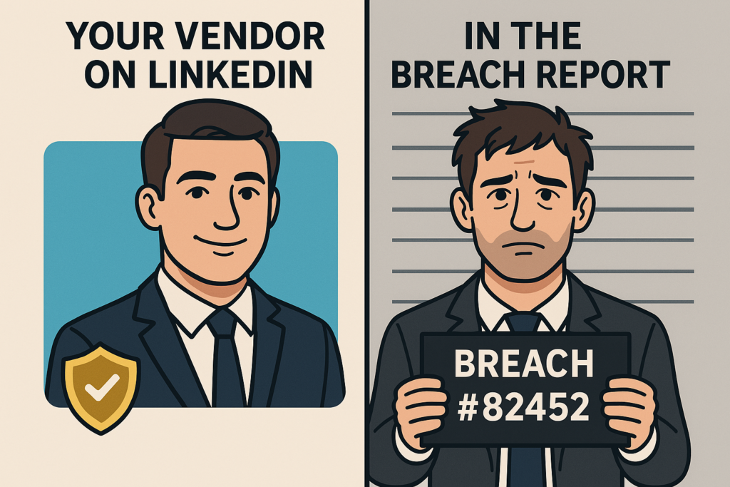 Split image comparing vendor marketing claims to their real-world security breach