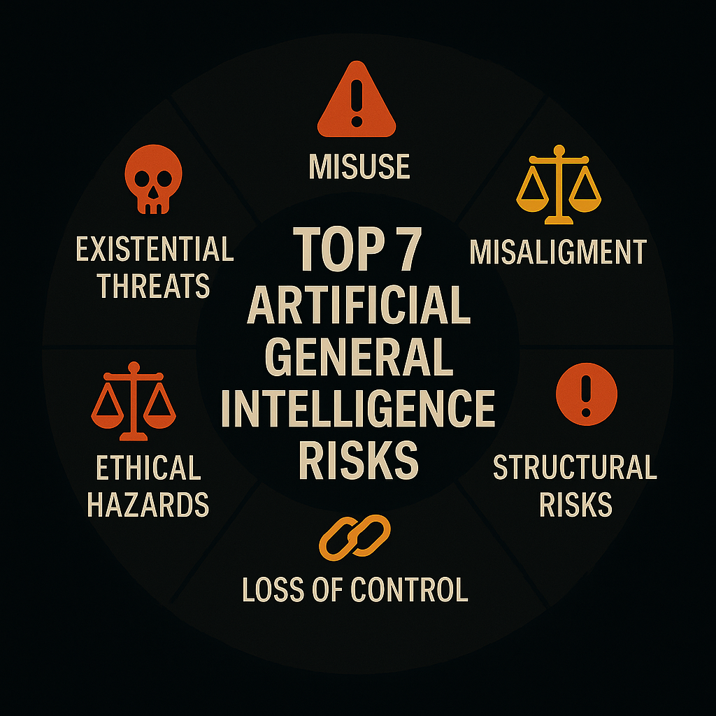 Infographic showing the top 7 artificial general intelligence risks identified in AGI safety research