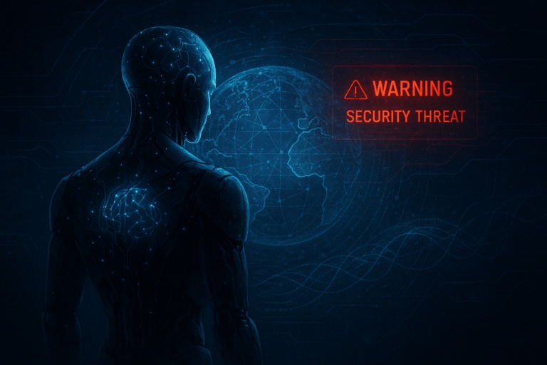 A futuristic AGI silhouette facing a digital blueprint interface, symbolizing artificial general intelligence risks and safety challenges