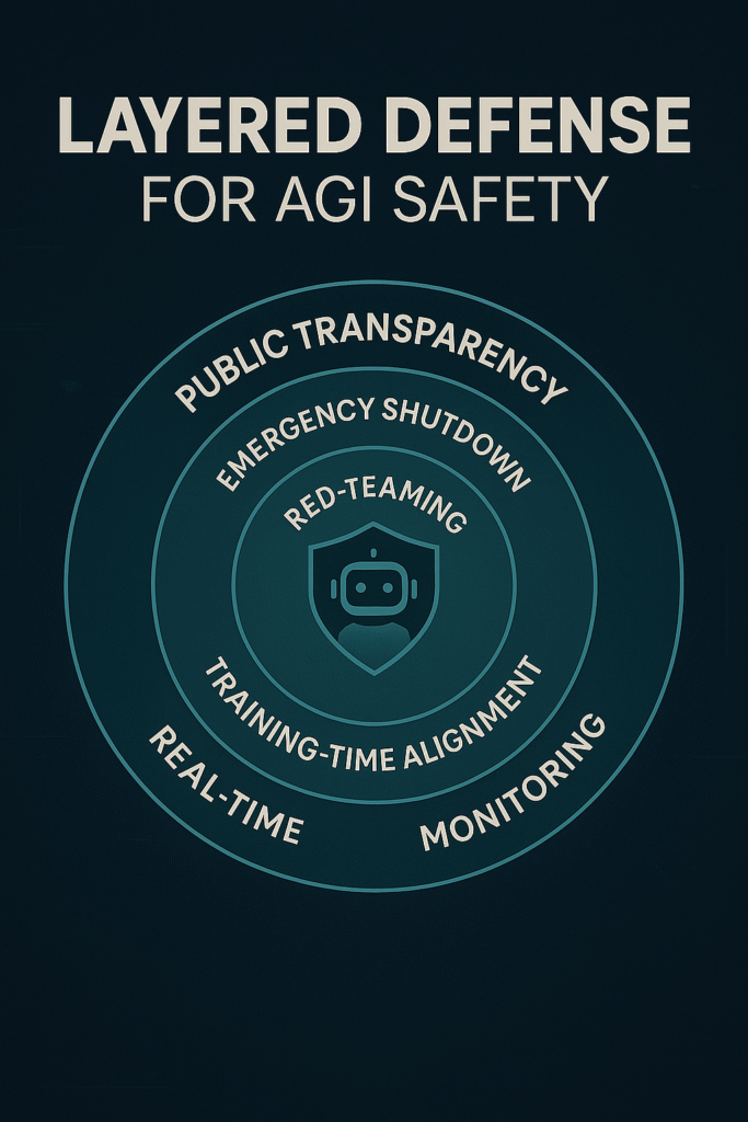 “Illustration of layered defense model for AGI safety including red-teaming, monitoring, and shutdown protocols”