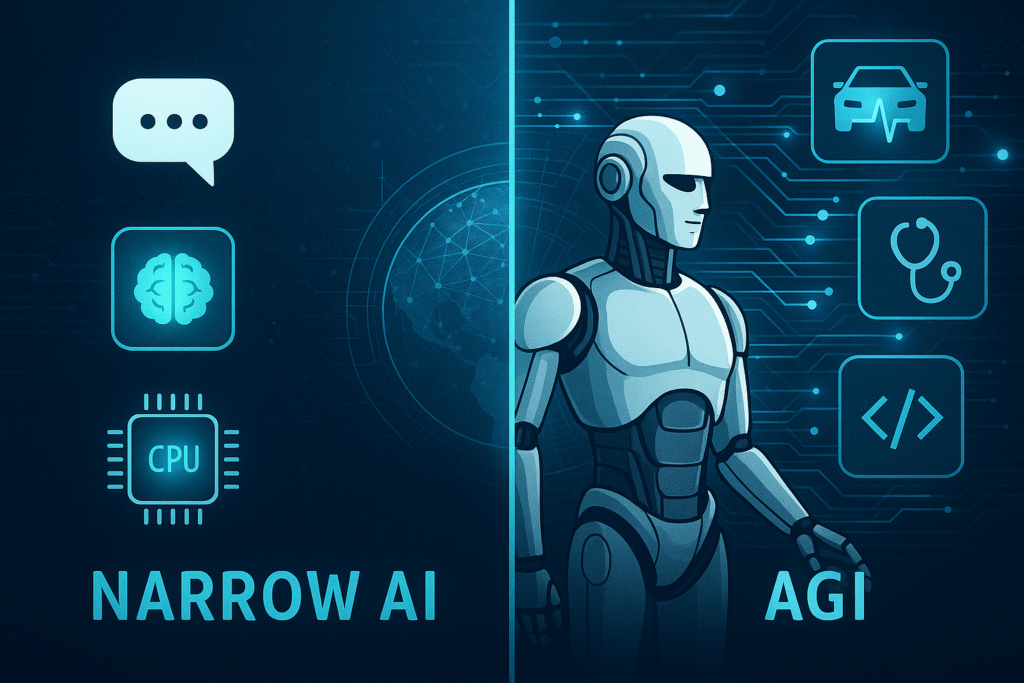 Illustration comparing AGI safety challenges to narrow AI capabilities across multiple domains