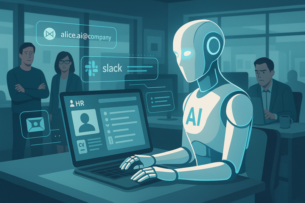AI-powered virtual employee working in enterprise system with Slack and HR platforms, showing AI employee cybersecurity challenges