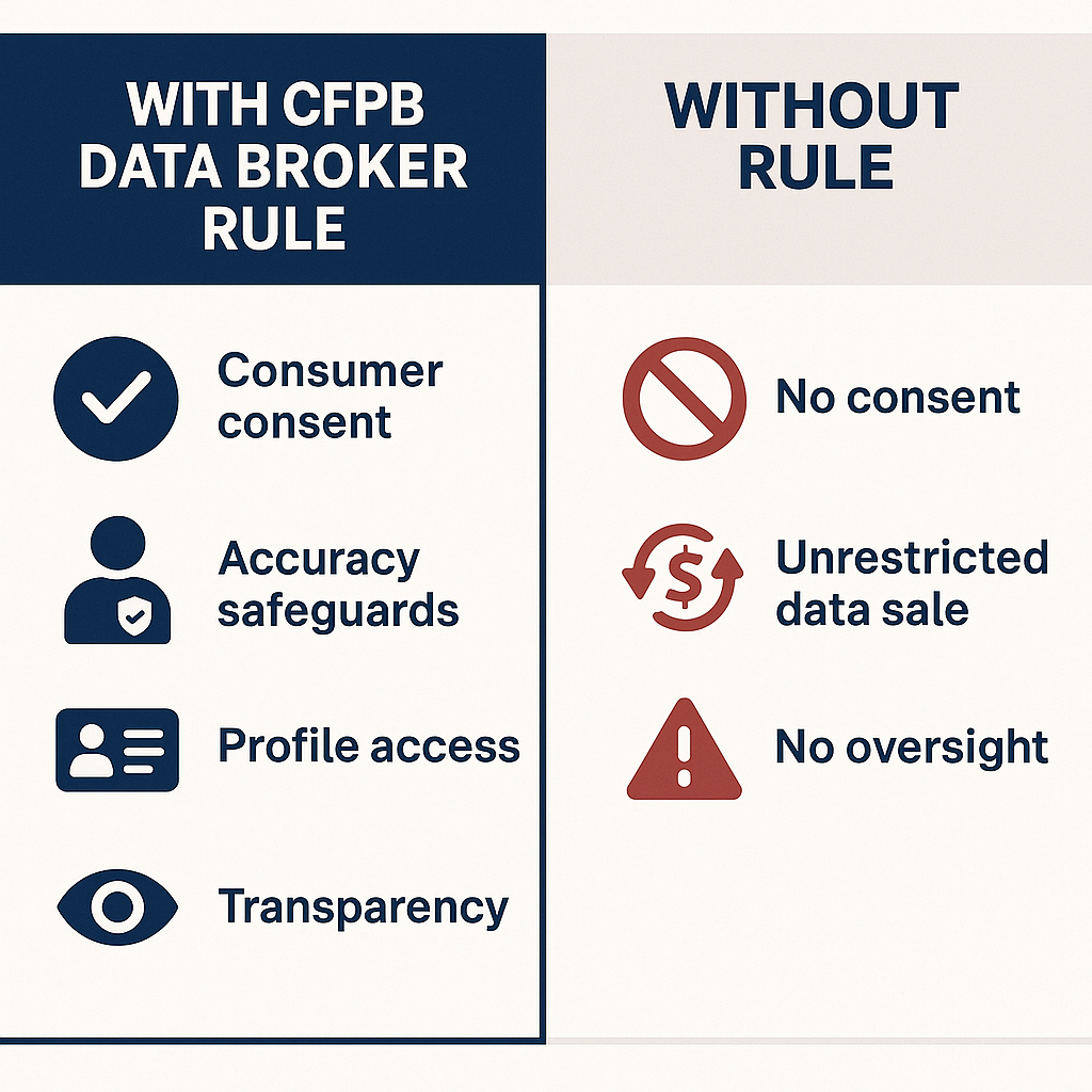 Infographic comparing consumer protections under the CFPB data broker rule versus unregulated data practices