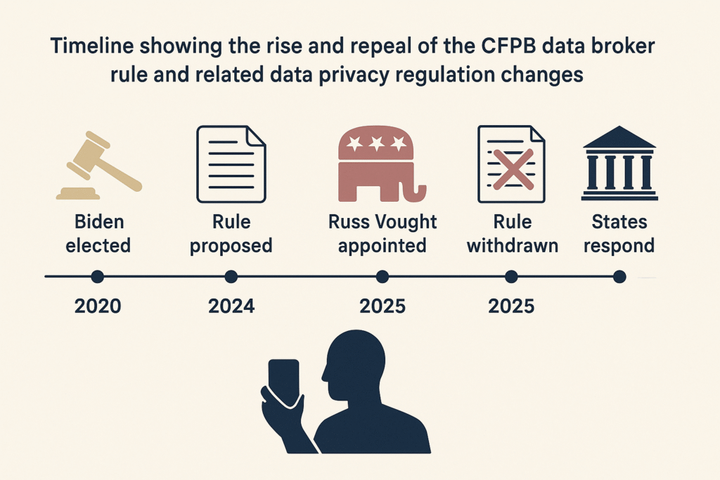 Timeline showing the rise and repeal of the CFPB data broker rule and related data privacy regulation changes -