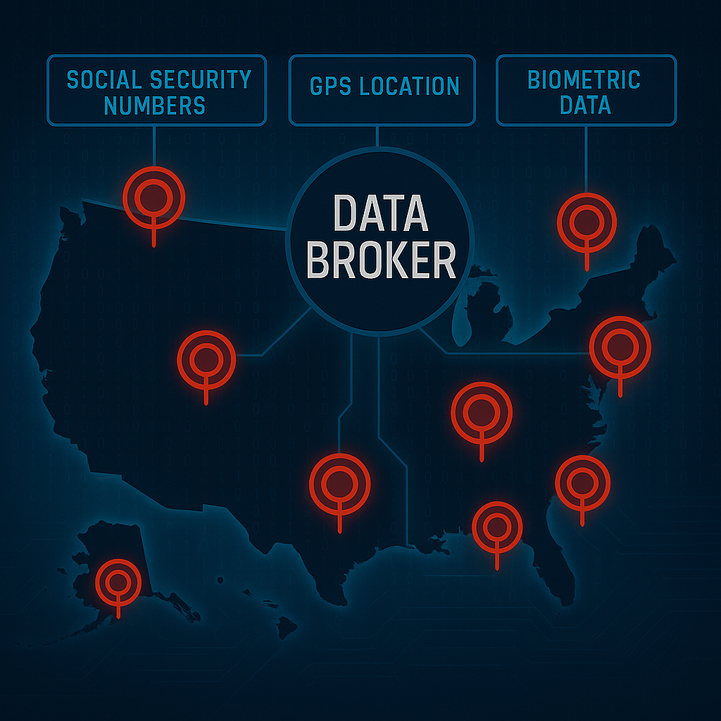 Map showing data broker cybersecurity risks and how sensitive consumer data can be targeted in cyberattacks