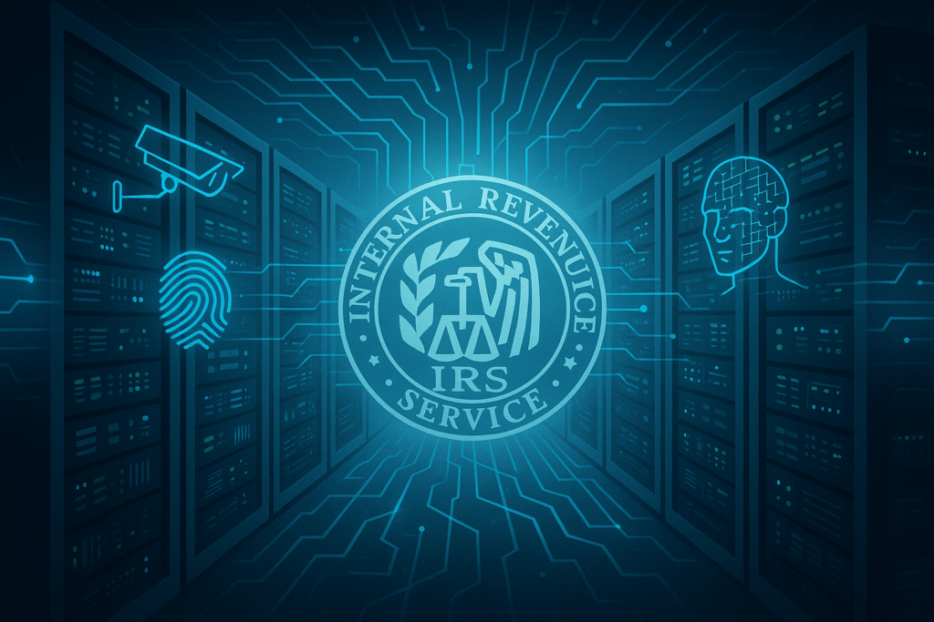 Illustration of the DOGE IRS API centralizing taxpayer data into a federal cloud system