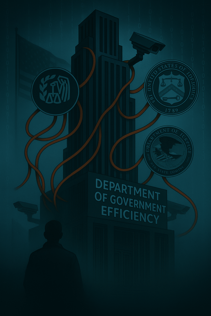 Illustration of the DOGE IRS API data hub connecting to federal databases, highlighting concerns over taxpayer surveillance and data centralization.