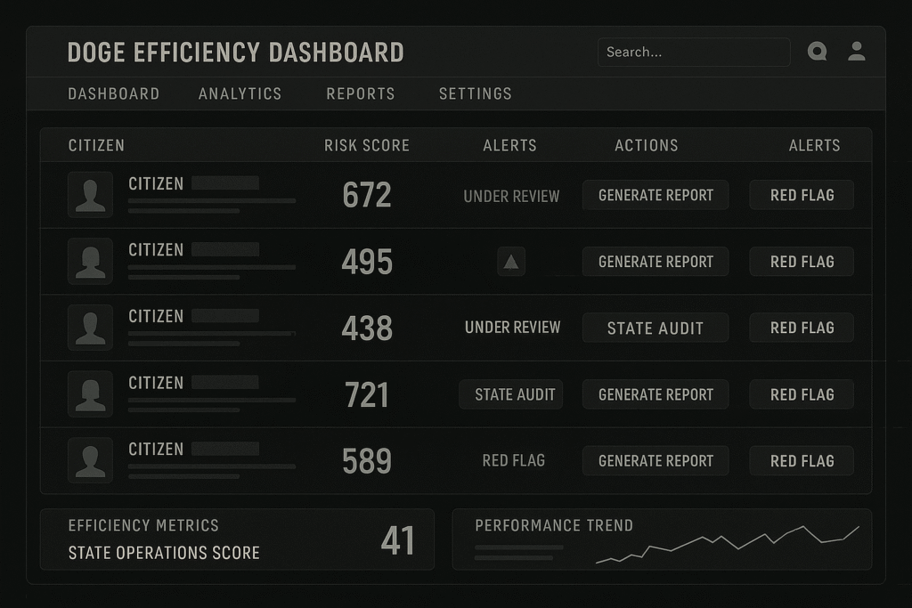 Illustration of federal surveillance program risk-scoring dashboard used by DOGE