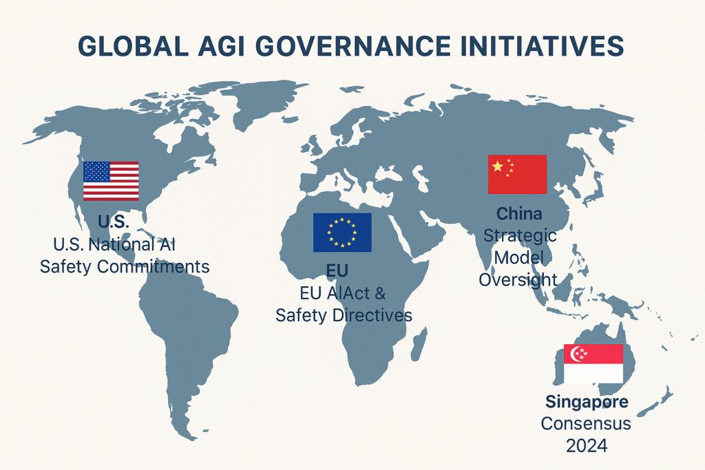 Map showing international AGI safety efforts and global governance initiatives including the Singapore Consensus