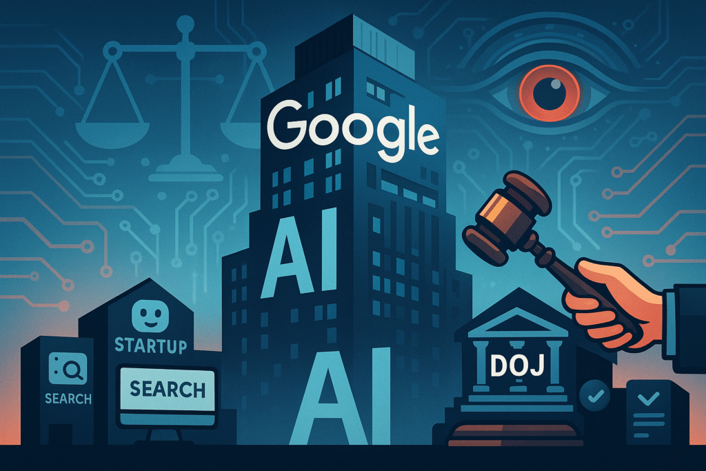 Illustration of Google AI monopoly with generative AI dominance over competitors and DOJ lawsuit symbolism