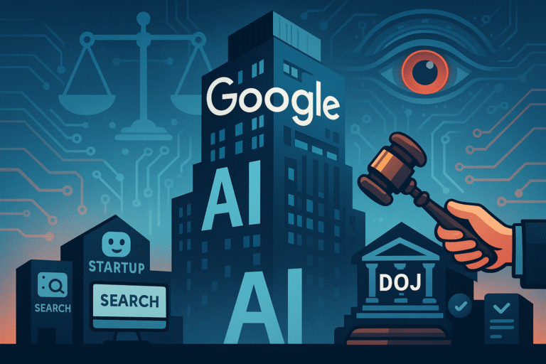 Illustration of Google AI monopoly with generative AI dominance over competitors and DOJ lawsuit symbolism