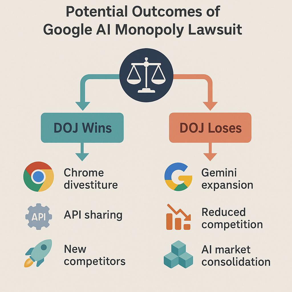 Potential outcomes of Google AI monopoly lawsuit including DOJ victory or Gemini search engine dominance