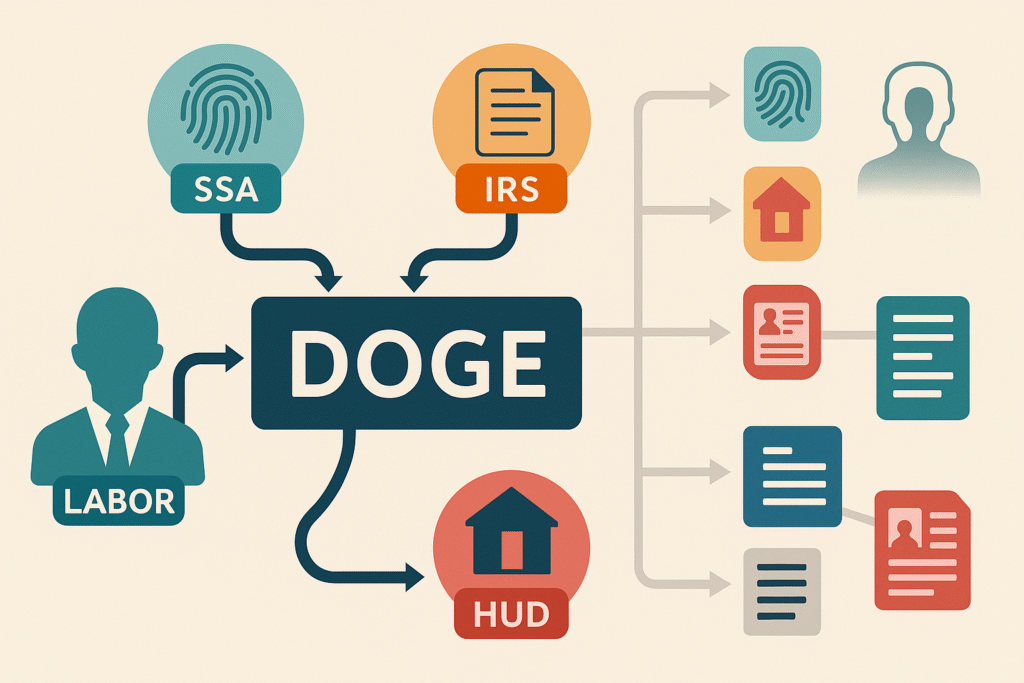 Diagram of government data tracking through DOGE integrating SSA, IRS, HUD, and Labor databases