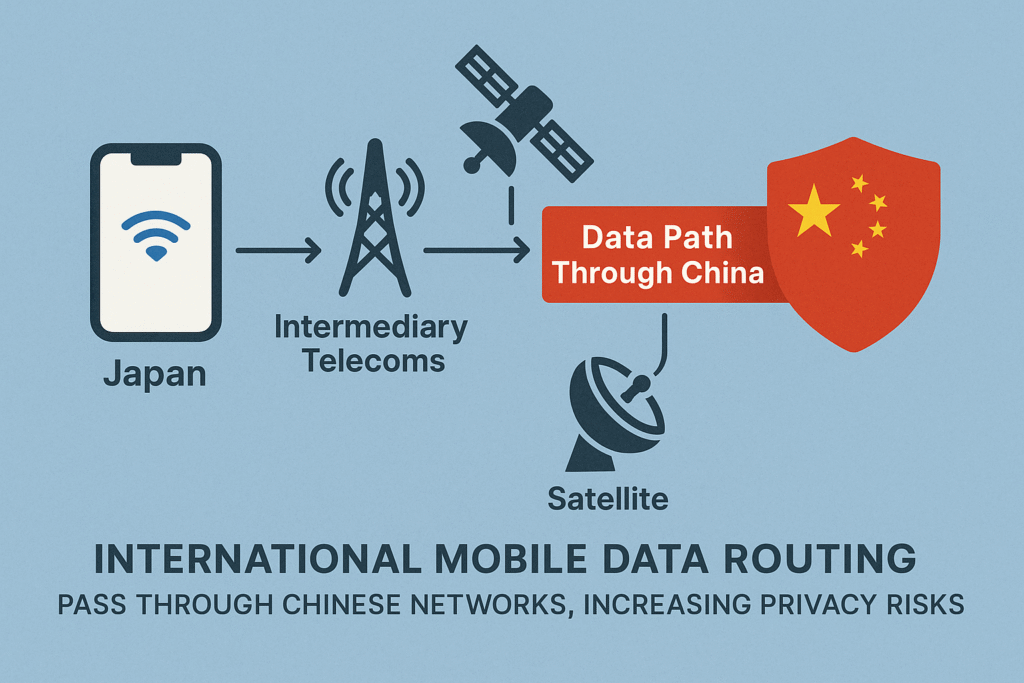 Diagram showing how international mobile data routing can pass through Chinese networks, increasing privacy risks