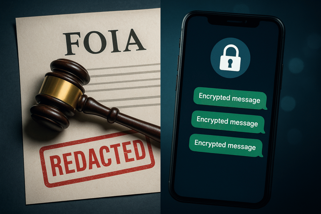 FOIA and encryption conflict illustrated with a sealed court document and secure chat bubble.