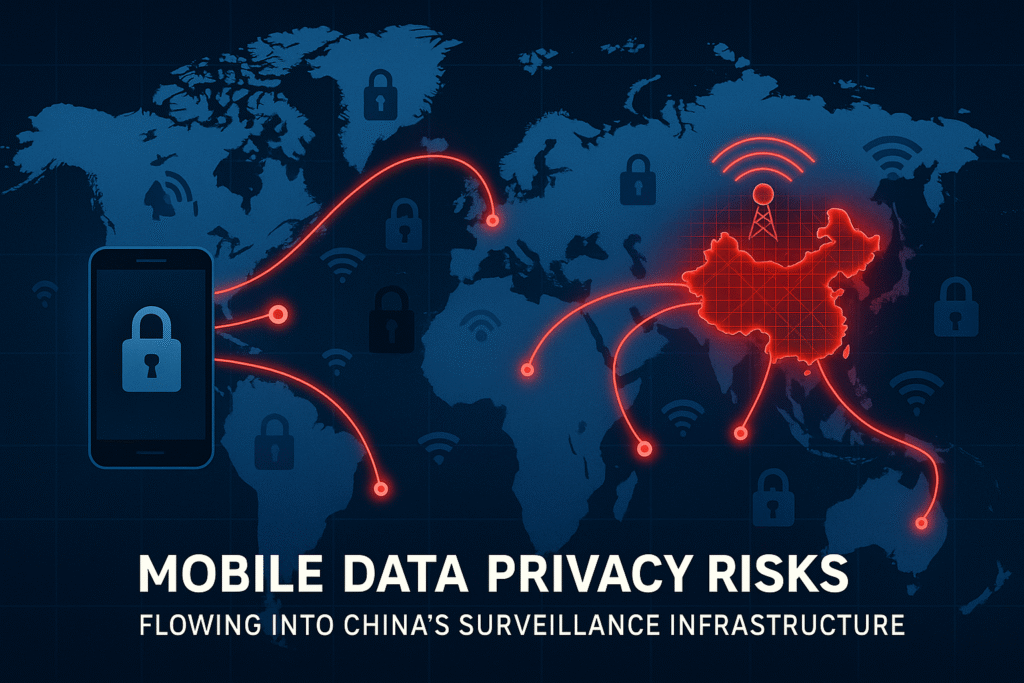 Global data map showing mobile data privacy risks with routes flowing into China’s surveillance infrastructure
