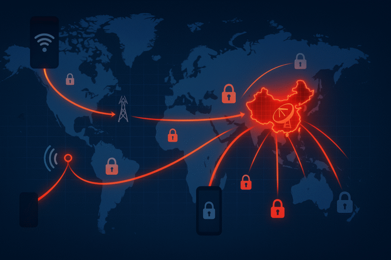 Global data map showing mobile data privacy risks with routes flowing into China’s surveillance infrastructure