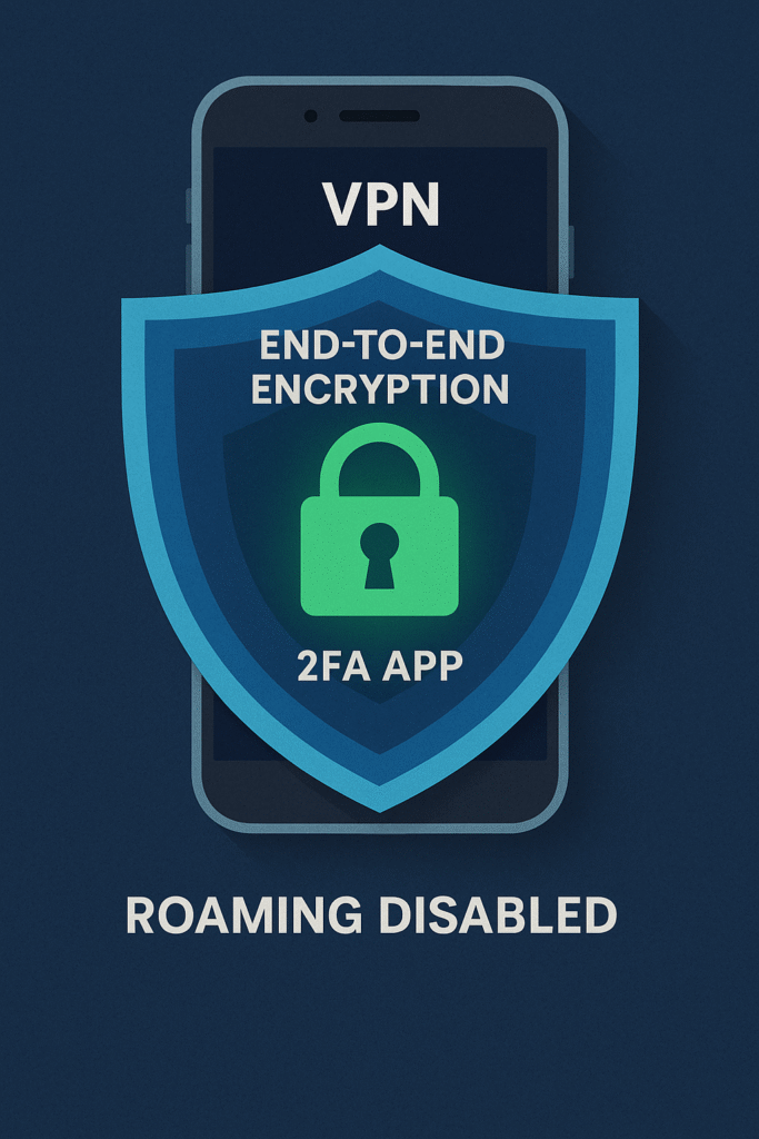 Layered defenses protecting mobile data privacy including VPN, encryption, and disabling roaming

