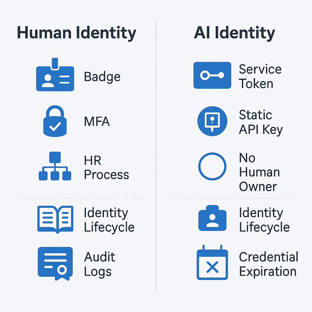 Comparison of human vs AI employee identity management showing gaps in non-human identity security