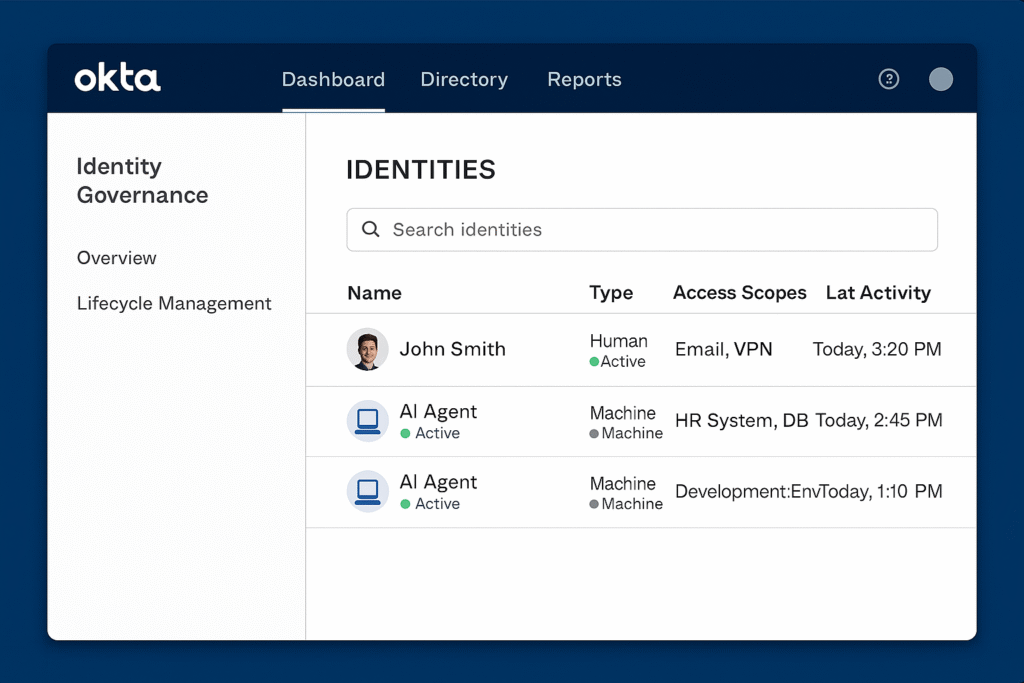 Okta dashboard managing non-human identities with AI agents showing AI employee cybersecurity tooling