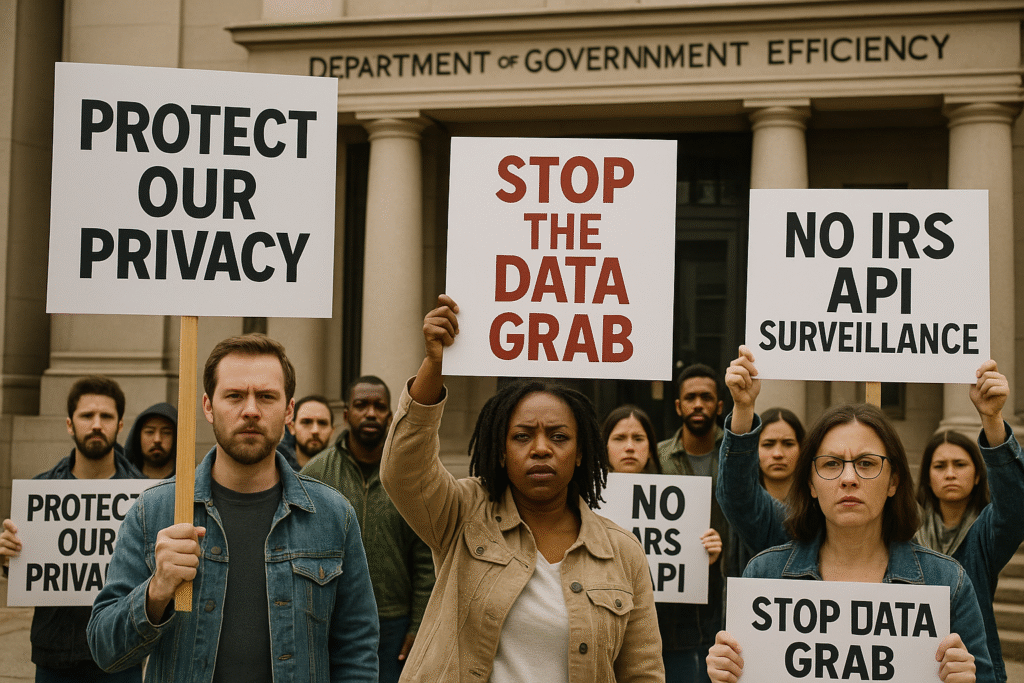 Public protest against the DOGE IRS API and government surveillance of taxpayer data