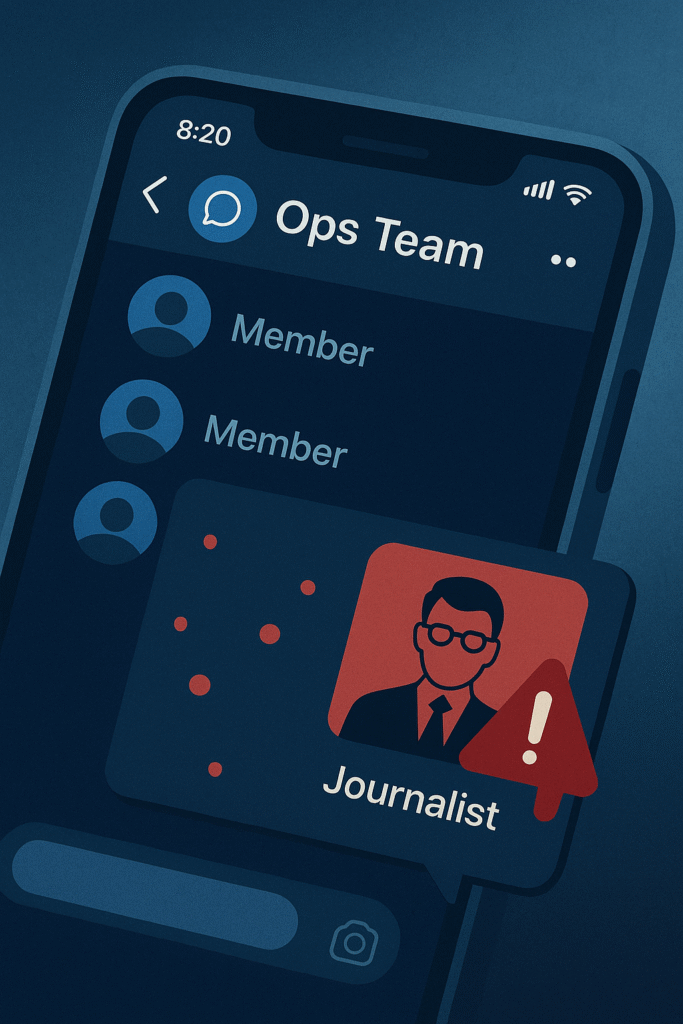 Graphic of Signal group chat with unintended recipient, illustrating the Signalgate military communication leak.