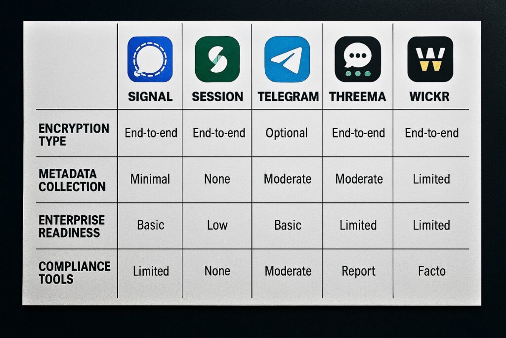 Comparison chart of top secure messaging apps by encryption features, metadata use, and compliance readiness.