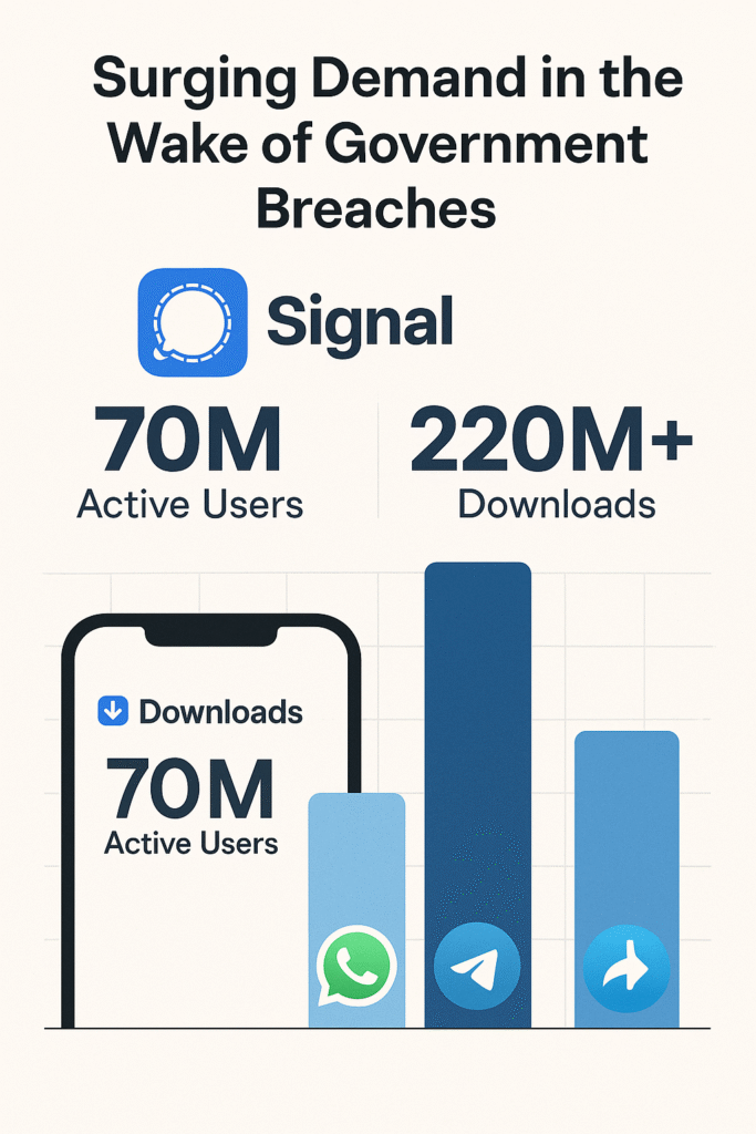 Secure messaging app growth chart highlighting Signal’s spike after the Signalgate scandal.