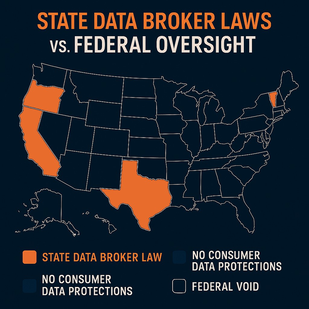 U.S. map comparing state-level data broker laws with the absence of federal data privacy regulation