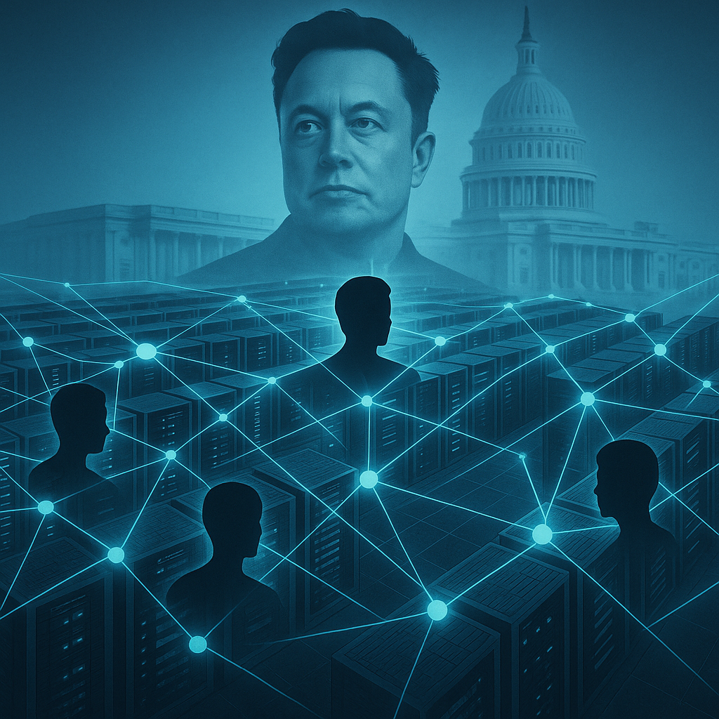 AI depiction of U.S. surveillance state infrastructure with Elon Musk influence over government data tracking systems