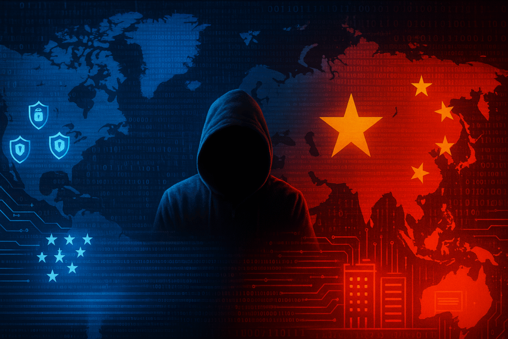 Visual representation of the AI cybersecurity arms race between China, the U.S., and hackers