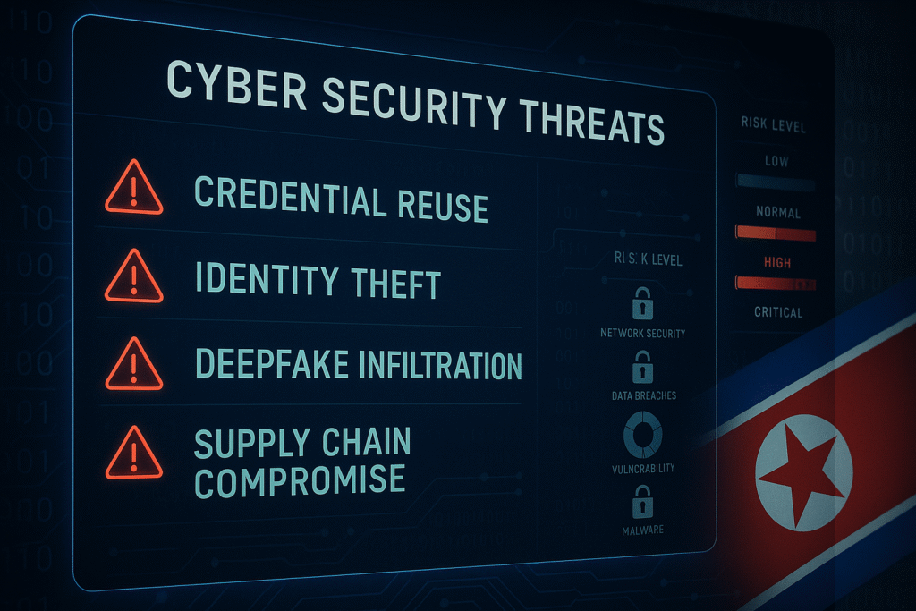 Cybersecurity dashboard highlighting digital verification risks and North Korean cyberattack threats