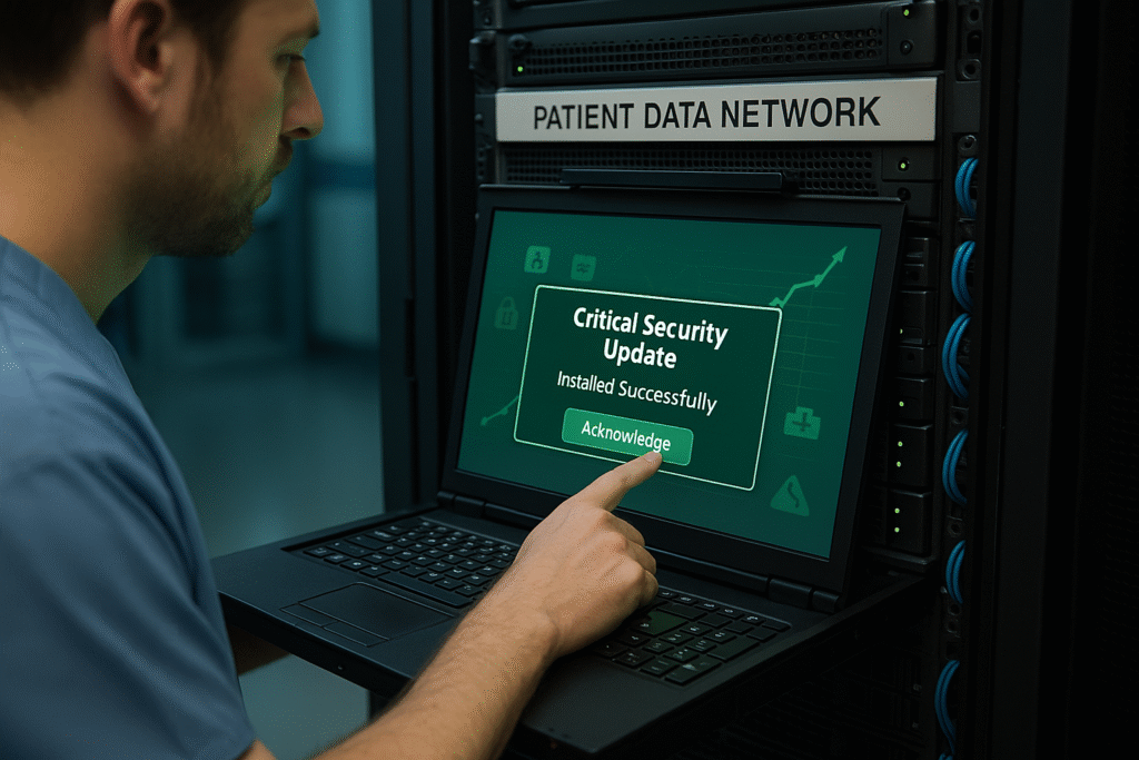 Hospital network security technician performing patch update to prevent healthcare data breaches