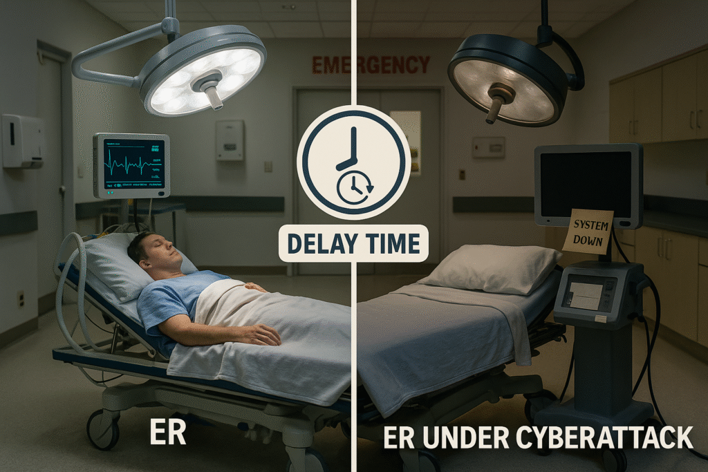 Visual comparison of hospital network security before and after ransomware attack with patient care delays