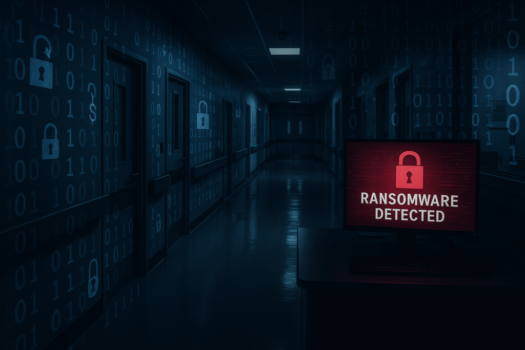 Hospital cybersecurity failure visualized by ransomware alert in hospital hallway
