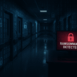 Hospital cybersecurity failure visualized by ransomware alert in hospital hallway