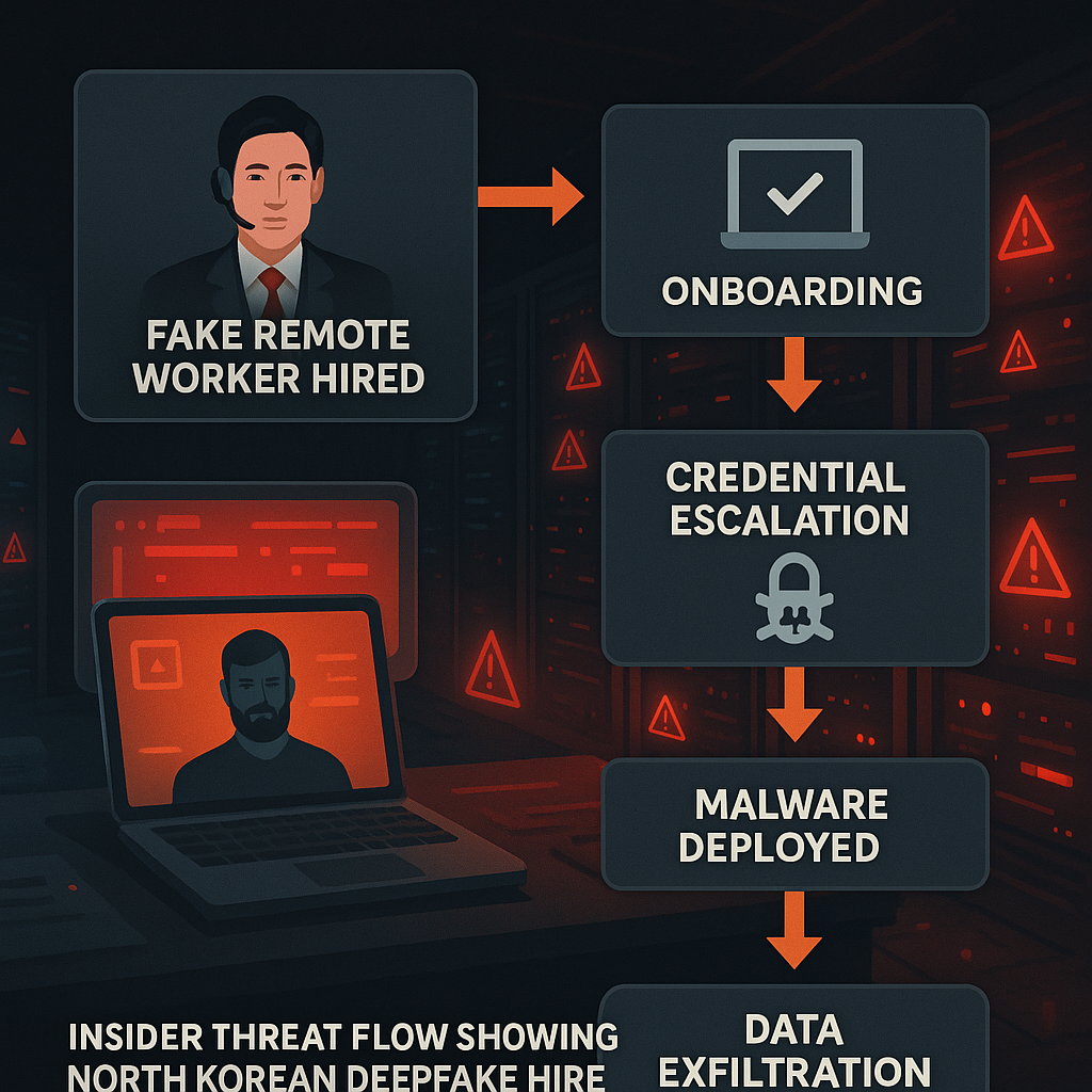 Insider threat flow showing North Korean deepfake hire compromising corporate systems