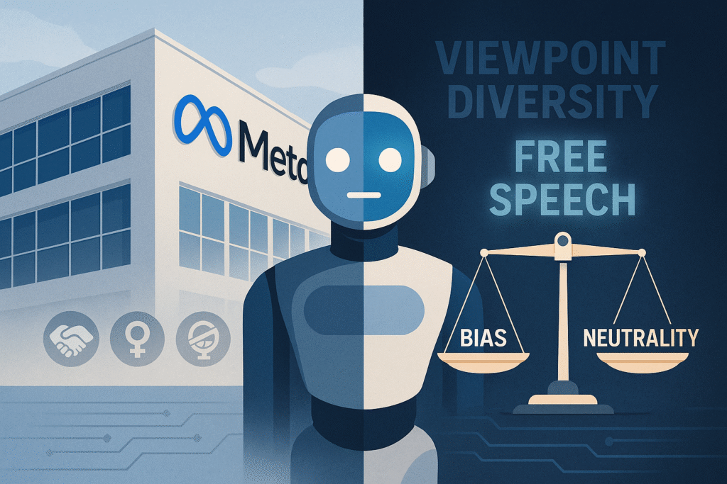 Hero image illustrating the Meta AI controversy with a visual split between ethical AI filters and viewpoint diversity in generative models