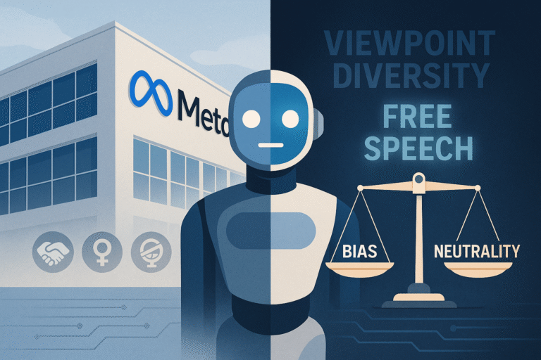 Hero image illustrating the Meta AI controversy with a visual split between ethical AI filters and viewpoint diversity in generative models