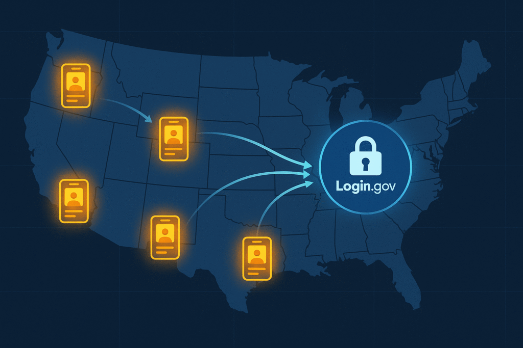 Map of U.S. states adopting mobile ID security connected to Login.gov integration